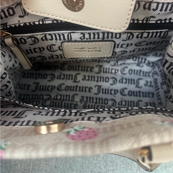 Juicy Couture Strawberry Print Satchel Gold Hardware Pink Beige Top Handles Bag - Picture 4 of 5